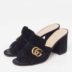 Pre Owned Gucci GG Marmont Size 40.5 Black Suede Fringe Block Heel Slide Sandals