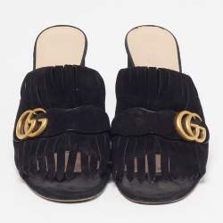 Pre Owned Gucci GG Marmont Size 40.5 Black Suede Fringe Block Heel Slide Sandals