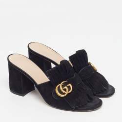 Pre Owned Gucci GG Marmont Size 40.5 Black Suede Fringe Block Heel Slide Sandals