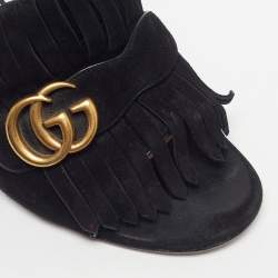 Pre Owned Gucci GG Marmont Size 40.5 Black Suede Fringe Block Heel Slide Sandals