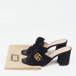 Pre Owned Gucci GG Marmont Size 40.5 Black Suede Fringe Block Heel Slide Sandals
