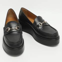 Pre Owned Gucci Jordaan Size 37 Black Leather Platform Loafers