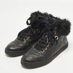 Pre Owned Gucci Guccissima Size 37 Black Cada Fur and Leather High Top Sneakers