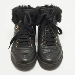 Pre Owned Gucci Guccissima Size 37 Black Cada Fur and Leather High Top Sneakers