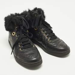 Pre Owned Gucci Guccissima Size 37 Black Cada Fur and Leather High Top Sneakers