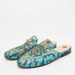 Pre Owned Gucci Princetown Size 35 Multicolor Brocade Fabric Mules