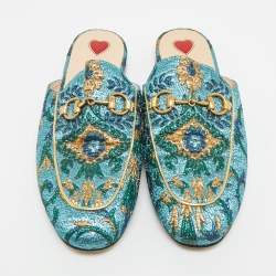 Pre Owned Gucci Princetown Size 35 Multicolor Brocade Fabric Mules