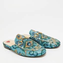 Pre Owned Gucci Princetown Size 35 Multicolor Brocade Fabric Mules