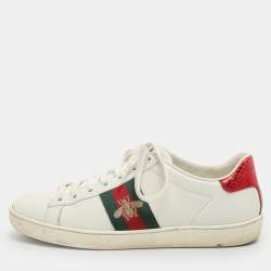 Pre Owned Gucci Ace Bee Embroidered Size 37 White Leather Low Top Sneakers