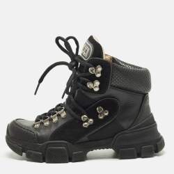 Pre Owned حذاء بوت كاحل غوتشي فلاشتريك جلد أسود مقاس 35