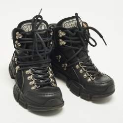 Pre Owned Gucci Flashtrek Size 35 Black Leather Suede Ankle Length Boots