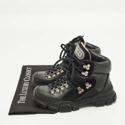 Pre Owned Gucci Flashtrek Size 35 Black Leather Suede Ankle Length Boots