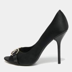 Pre Owned Gucci Hollywood Size 39.5 Black Satin Horsebit Peep Toe Pumps