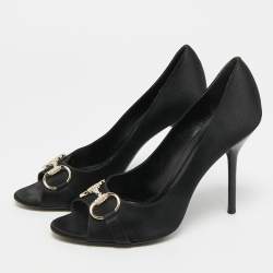 Pre Owned Gucci Hollywood Size 39.5 Black Satin Horsebit Peep Toe Pumps