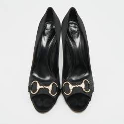 Pre Owned Gucci Hollywood Size 39.5 Black Satin Horsebit Peep Toe Pumps