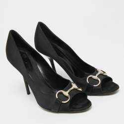 Pre Owned Gucci Hollywood Size 39.5 Black Satin Horsebit Peep Toe Pumps