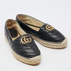 Pre Owned Gucci GG Marmont Size 37.5 Black Leather Espadrille Flats