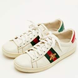 Pre Owned Gucci Ace Bee Embroidered Size 36.5 White Leather Low Top Sneakers