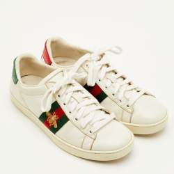 Pre Owned Gucci Ace Bee Embroidered Size 36.5 White Leather Low Top Sneakers