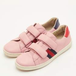 Pre Owned Gucci Ace Velcro Web Size 38 Pink Leather Low Top Sneakers