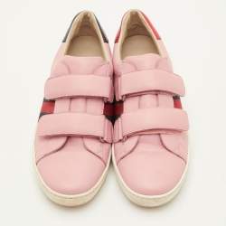 Pre Owned Gucci Ace Velcro Web Size 38 Pink Leather Low Top Sneakers