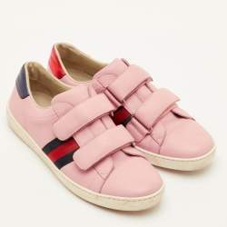 Pre Owned Gucci Ace Velcro Web Size 38 Pink Leather Low Top Sneakers