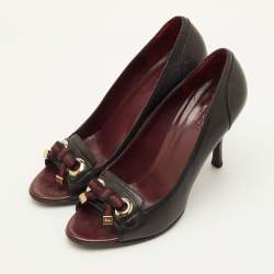 Pre Owned Gucci Size 37 Black Leather Bow Detail Open Toe Pumps