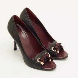 Pre Owned Gucci Size 37 Black Leather Bow Detail Open Toe Pumps
