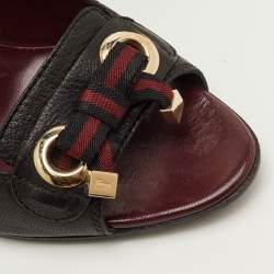 Pre Owned Gucci Size 37 Black Leather Bow Detail Open Toe Pumps