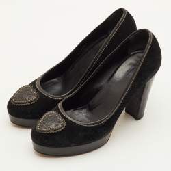 Pre Owned Gucci Hysteria Logo Size 37.5 Black Suede Platform Pumps