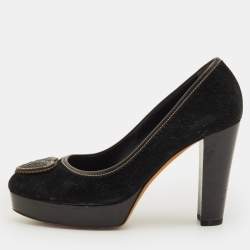 Pre Owned حذاء كعب عالي غوتشي هستيريا بشعار أسود شامواه نعل سميك مقاس 37.5