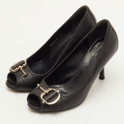 Pre Owned Gucci Horsebit Size 35.5 Black Leather Peep Toe Pumps