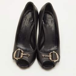 Pre Owned Gucci Horsebit Size 35.5 Black Leather Peep Toe Pumps