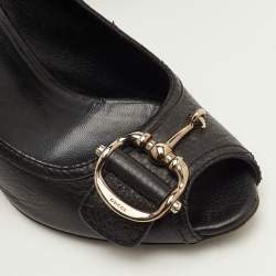 Pre Owned Gucci Horsebit Size 35.5 Black Leather Peep Toe Pumps