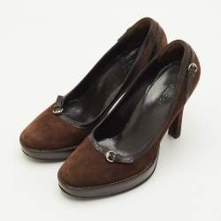 Pre Owned Gucci Size 35.5 Brown Suede and Leather Buckle Detail Round Toe Platform Pumps