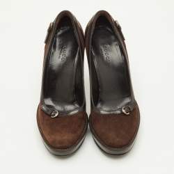Pre Owned Gucci Size 35.5 Brown Suede and Leather Buckle Detail Round Toe Platform Pumps