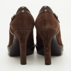 Pre Owned Gucci Size 35.5 Brown Suede and Leather Buckle Detail Round Toe Platform Pumps