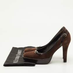 Pre Owned Gucci Size 35.5 Brown Suede and Leather Buckle Detail Round Toe Platform Pumps