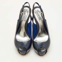Pre Owned Gucci Sofia Size 36 Navy Blue Patent Leather Platform Peep Toe Slingback Sandals