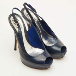 Pre Owned Gucci Sofia Size 36 Navy Blue Patent Leather Platform Peep Toe Slingback Sandals