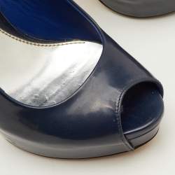 Pre Owned Gucci Sofia Size 36 Navy Blue Patent Leather Platform Peep Toe Slingback Sandals