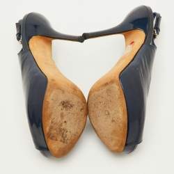 Pre Owned Gucci Sofia Size 36 Navy Blue Patent Leather Platform Peep Toe Slingback Sandals