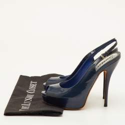 Pre Owned Gucci Sofia Size 36 Navy Blue Patent Leather Platform Peep Toe Slingback Sandals