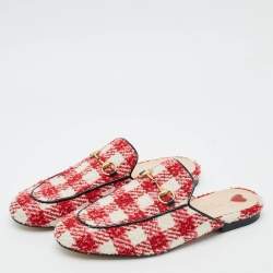 Pre Owned Gucci Princetown Size 38.5 Red/White Tweed Horsebit Mules