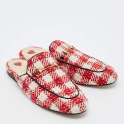 Pre Owned Gucci Princetown Size 38.5 Red/White Tweed Horsebit Mules