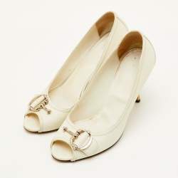 Pre Owned Gucci Horsebit Size 39 White Leather Peep Toe Pumps