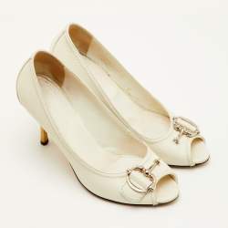 Pre Owned Gucci Horsebit Size 39 White Leather Peep Toe Pumps