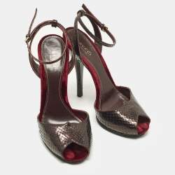 Pre Owned Gucci Size 40 Burgundy Snakeskin Leather Ankle Strap Sandals