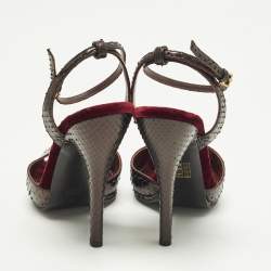Pre Owned Gucci Size 40 Burgundy Snakeskin Leather Ankle Strap Sandals