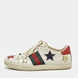 Pre Owned Gucci Ace Web Size 37 White Leather Star Low Top Sneakers